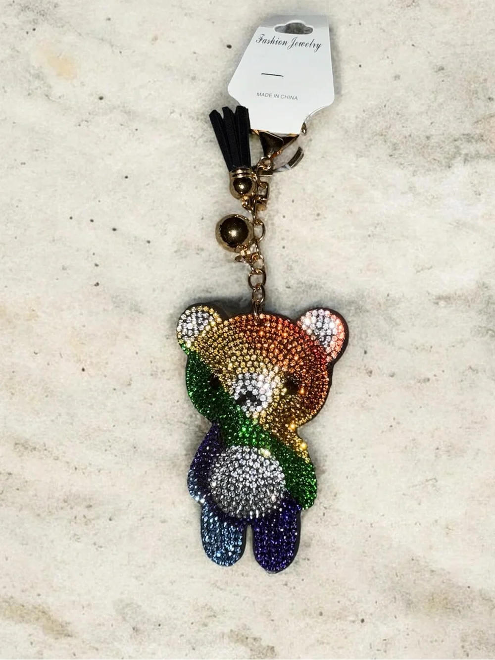 Sparkling Rainbow Teddy Keychain Charm - Gold Hardware